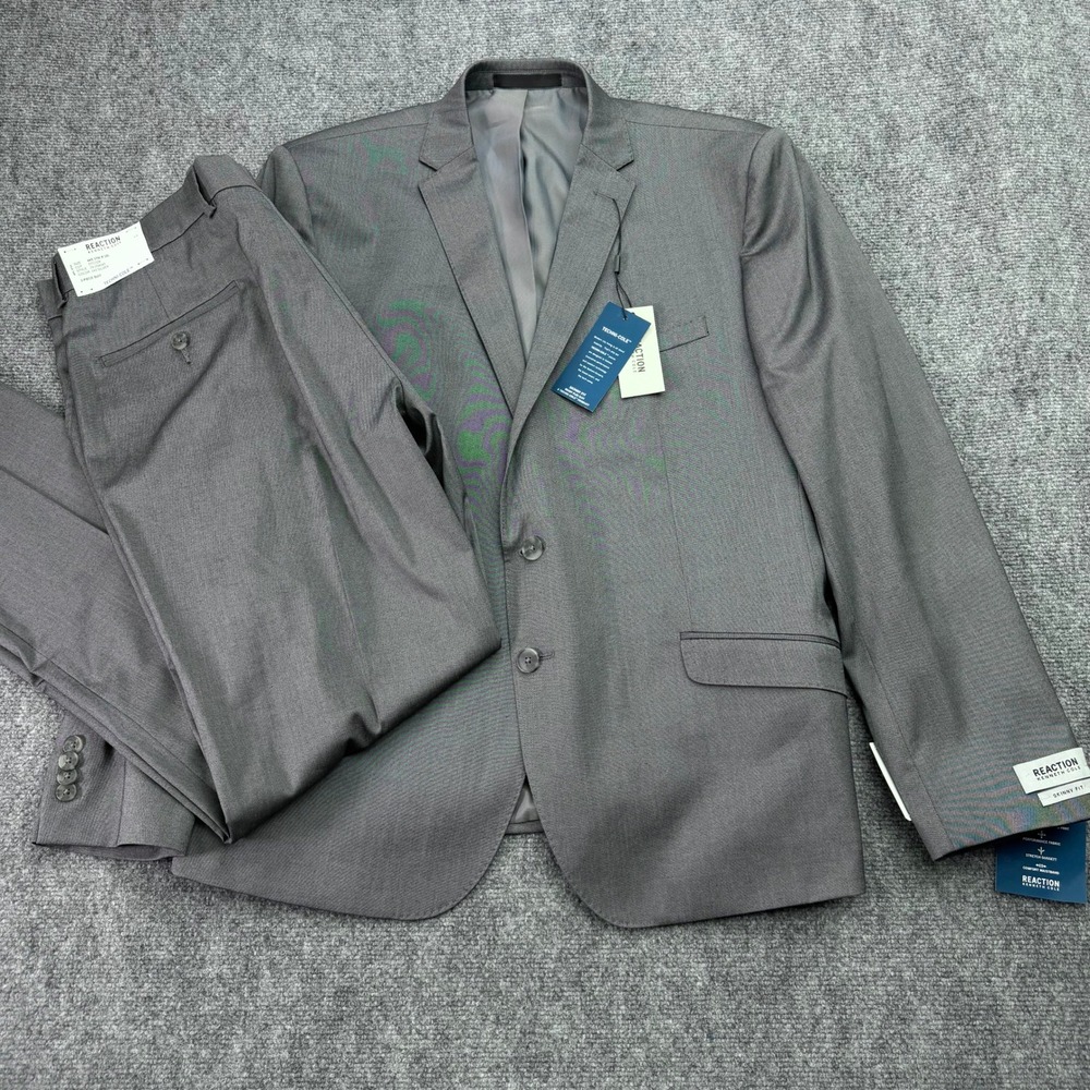 Kenneth Cole Reaction Suit Mens 44S 38x32 Silver Techni-Cole Skinny Fit‎ 2 Piece